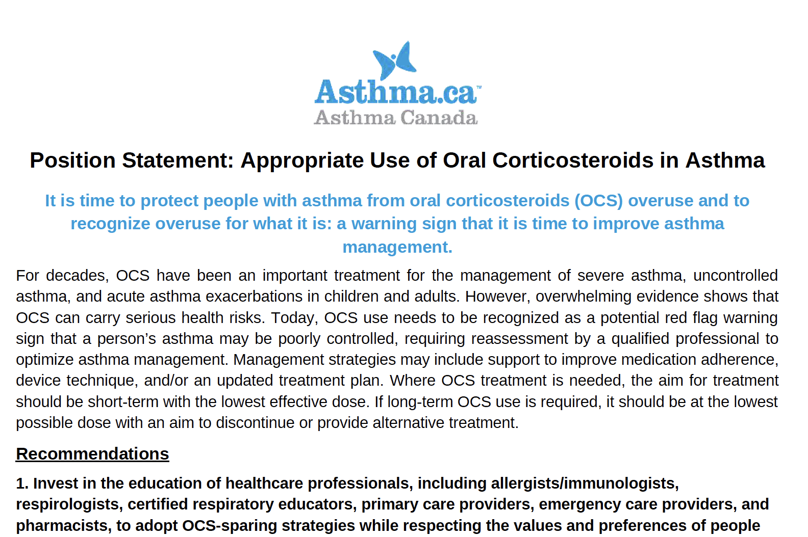 Position Statement: Appropriate Use of Oral Corticosteroids in Asthma